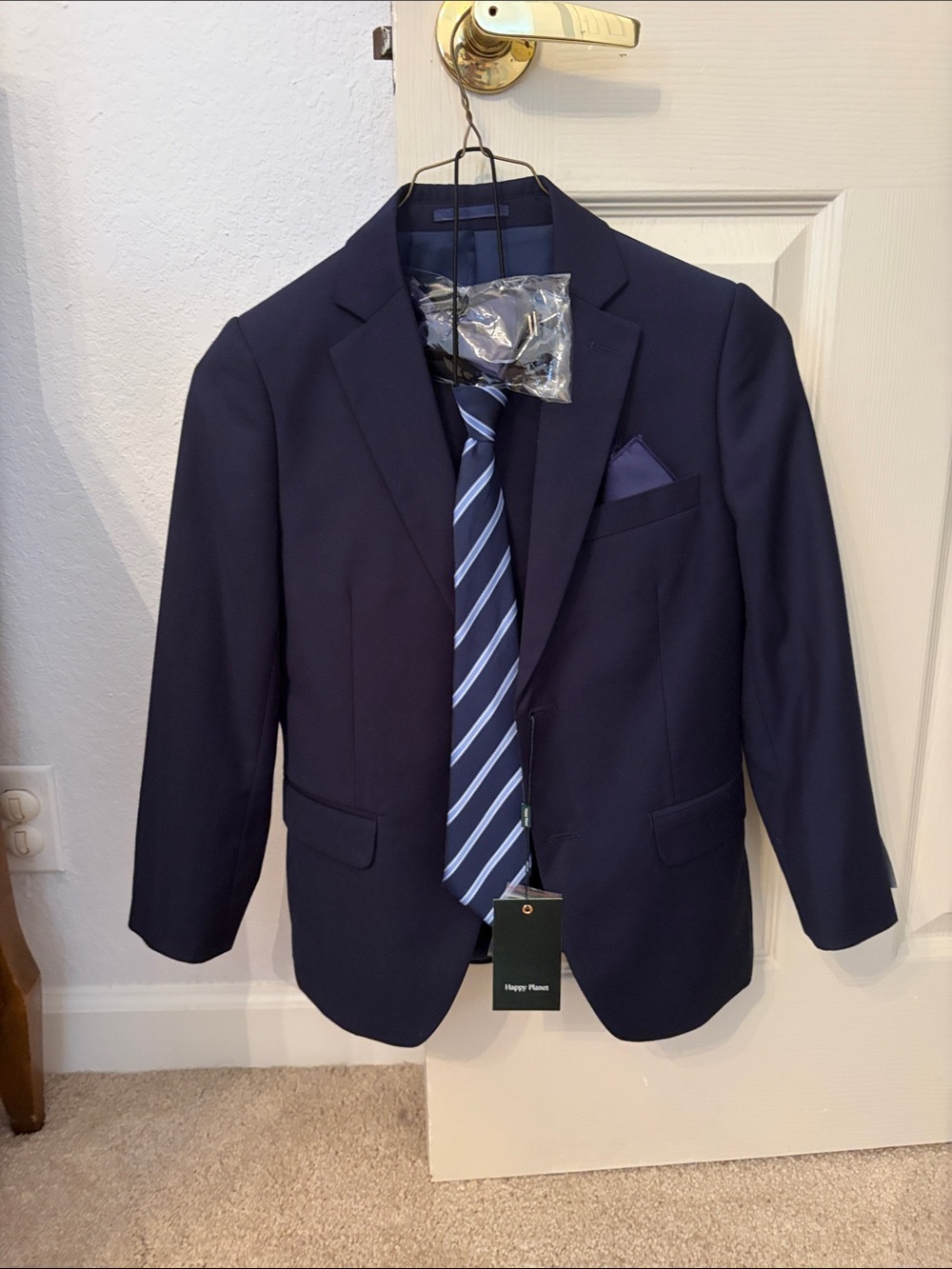Classic Boys' Navy Suit with Striped Tie, Bow Tie and Pocket Square. NWT!